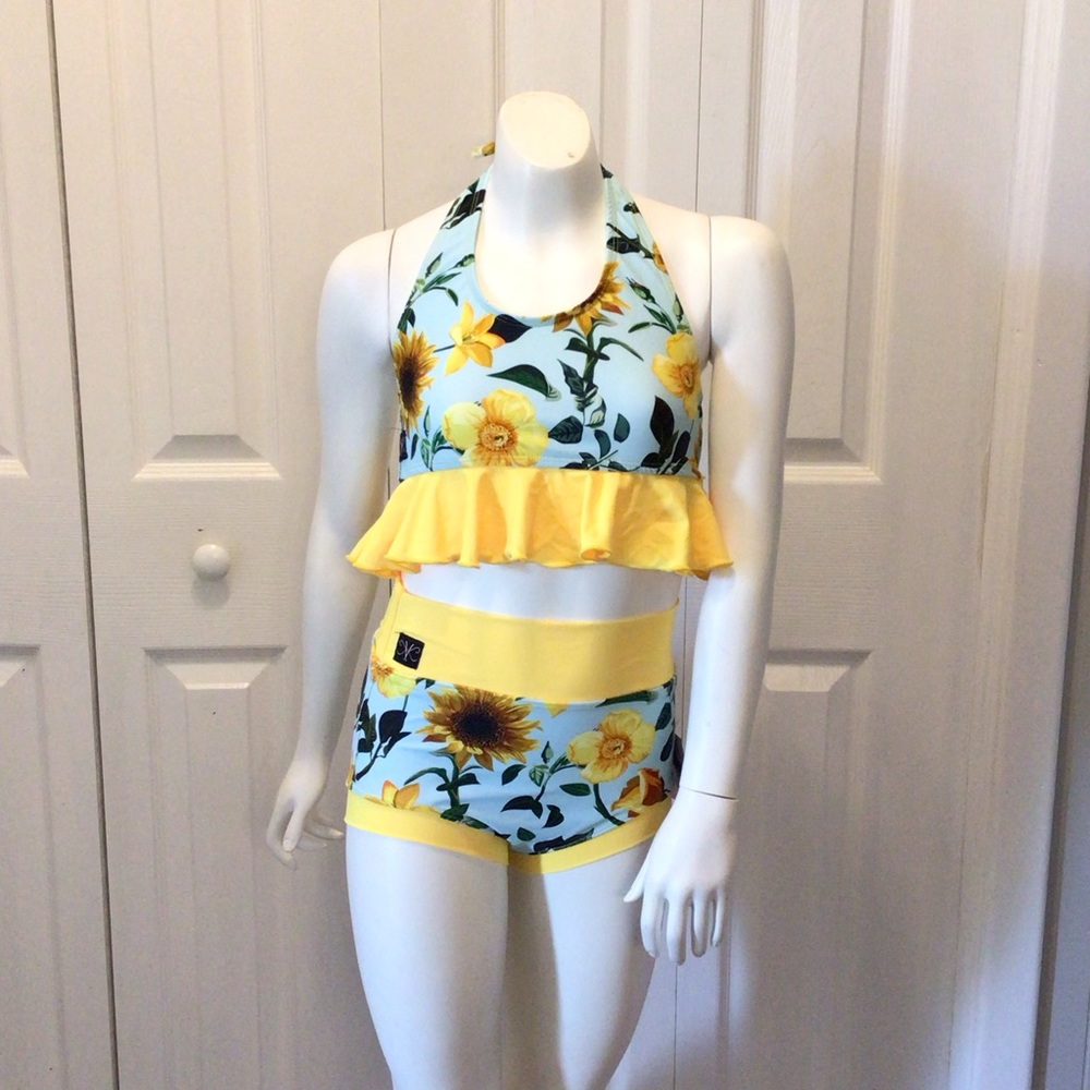 Kandi Kouture 2pc Sunflower Print Bra Top & Brief Dancewear Set Size TXS